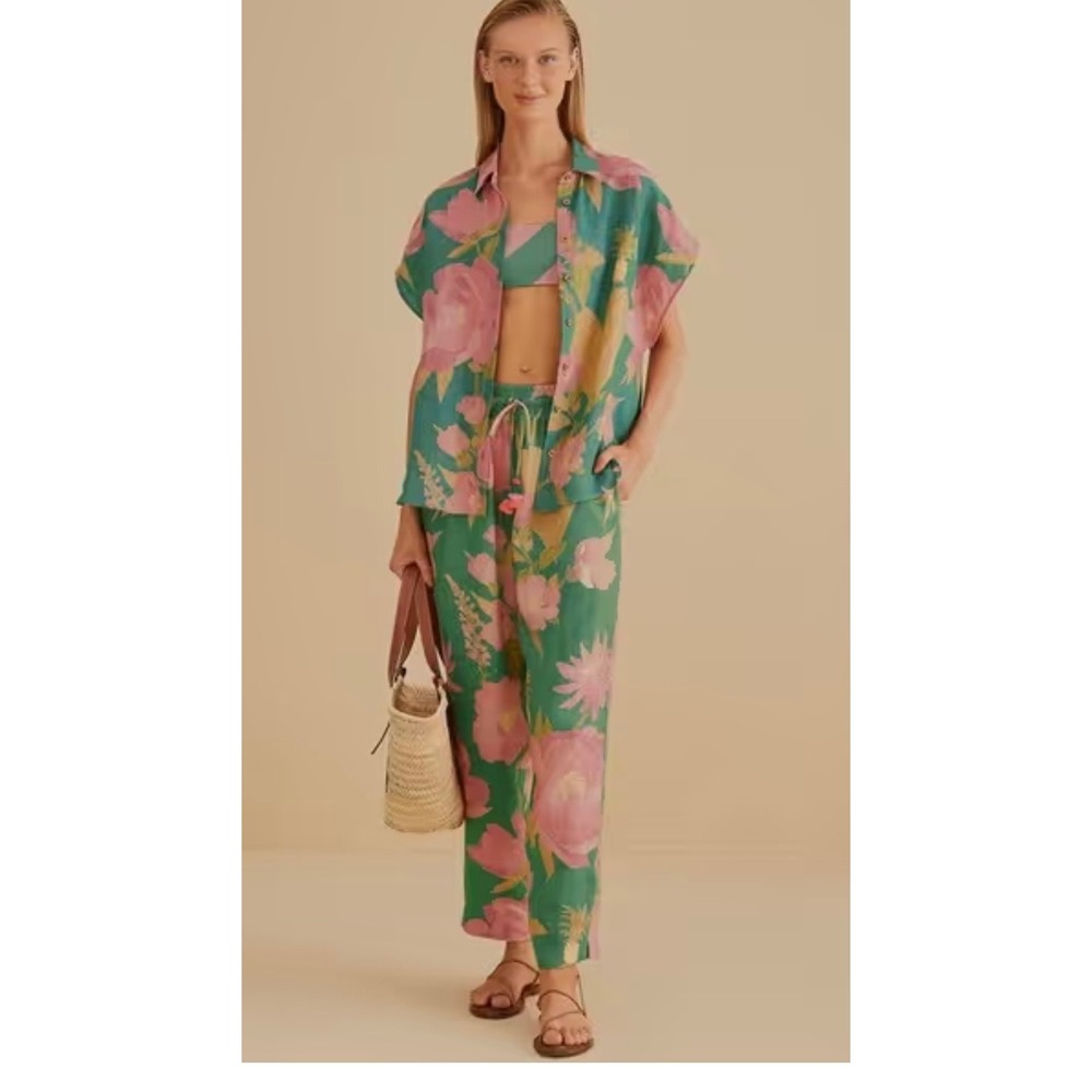Farm Rio Green Wild Peonies Linen Pants Floral Pineapple Tassel Size L and top